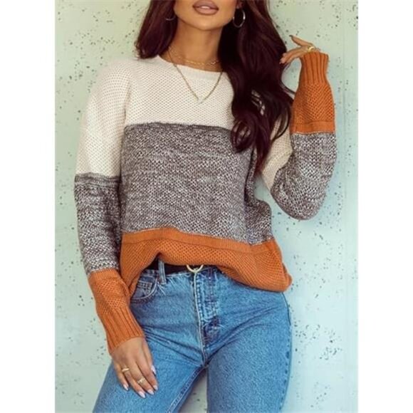 Women's Long Sleeve Color Block Sweater Crewneck Pullover Knit Jumper Top - Picture 4 of 7